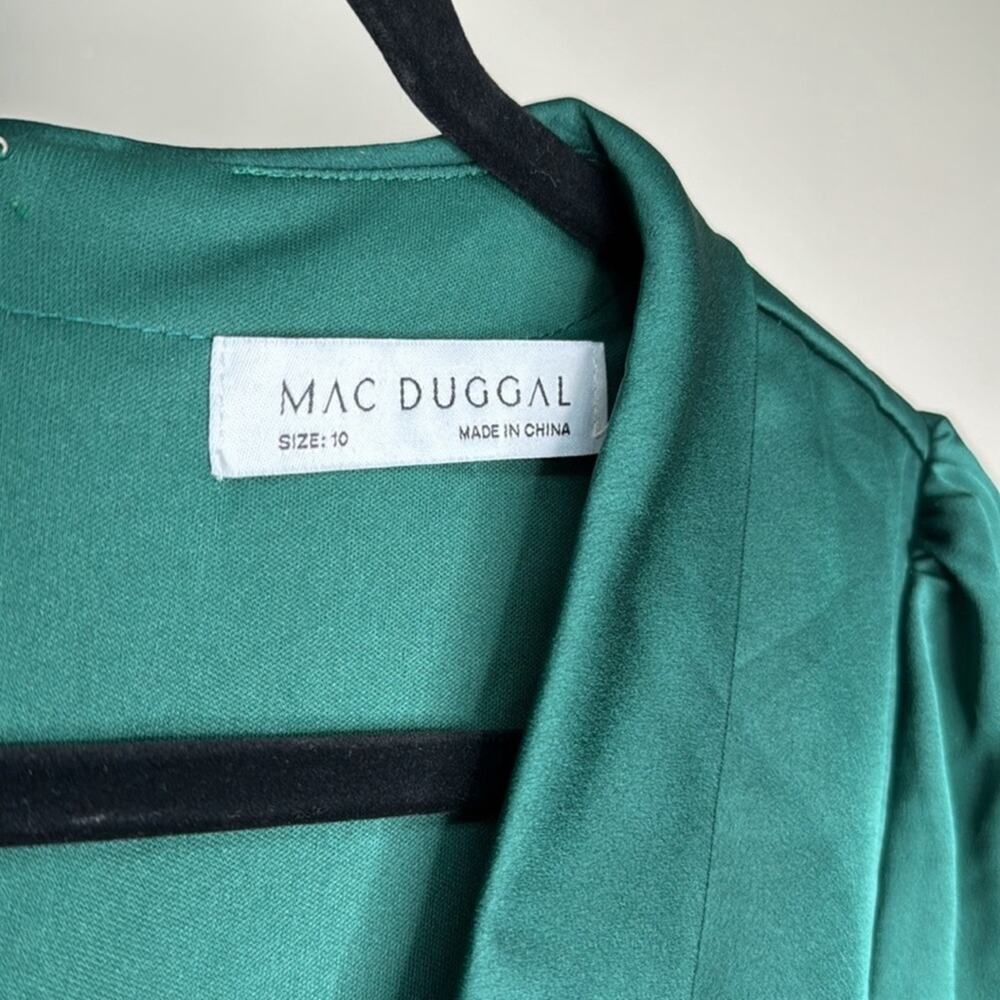 NWT MAC DUGGAL 49146 Deep Green Bishop Sleeve Faux Wrap Maxi Tie Waist Gown - Picture 3 of 11